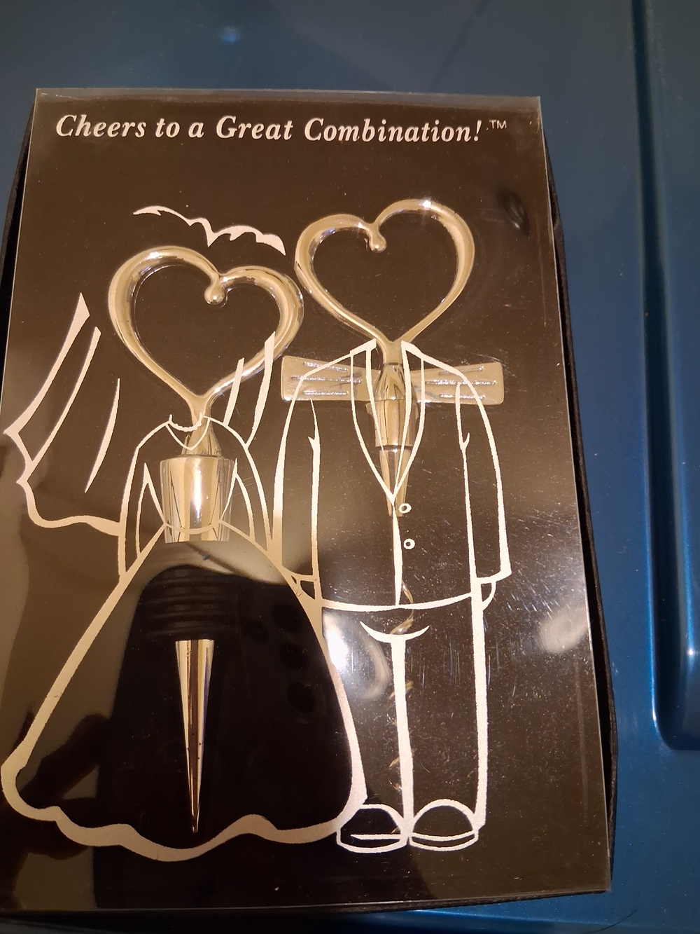 Cheers to a Great Combination! Heart-Shaped Wine Stopper Set - Silver